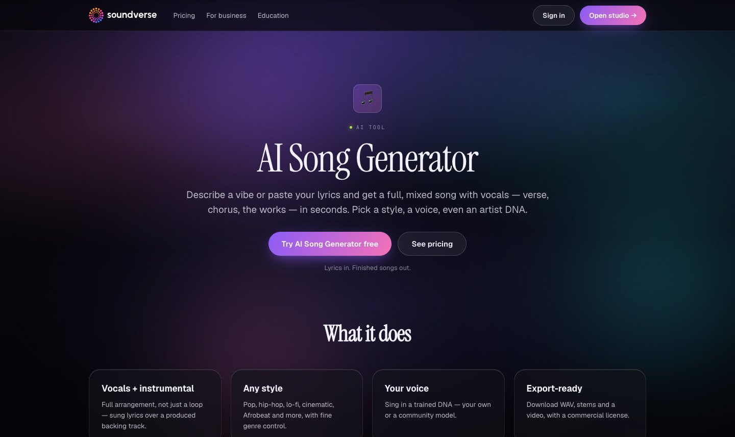 Soundverse AI Song Generator page