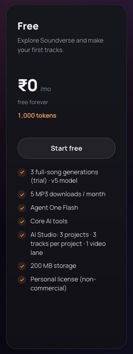 Soundverse pricing page showing the Free plan